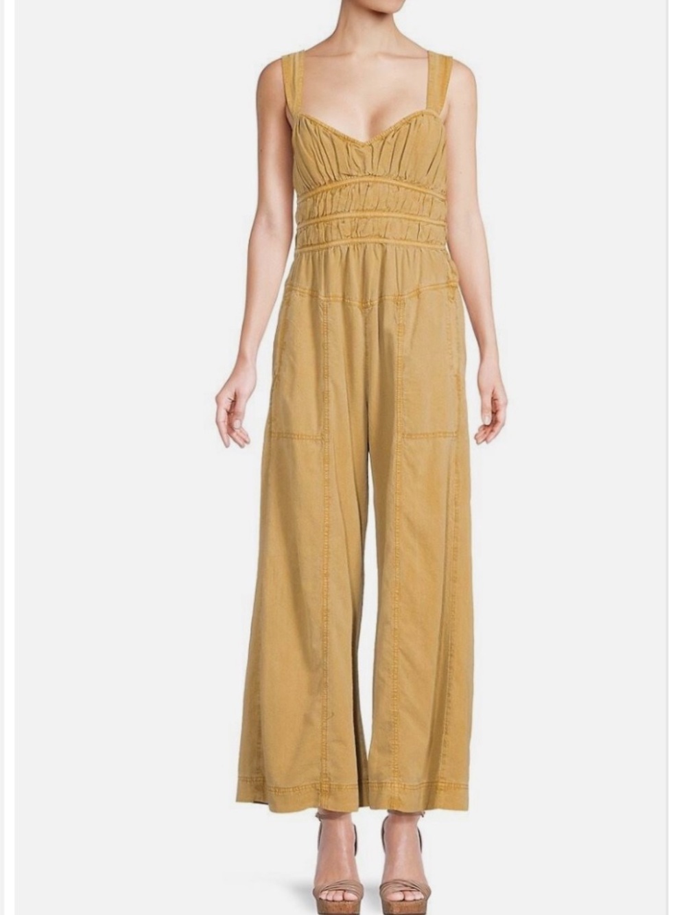 Free People After All Ruched Yellow Jumpsuit Size Small